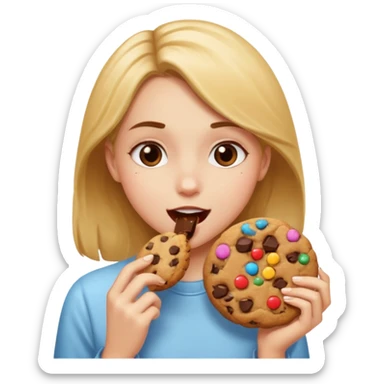 Girl eating a cookie thats bit into sticker