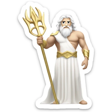 white Poseidon with gold Trident. long white hair white dress. show biceps muscle sticker