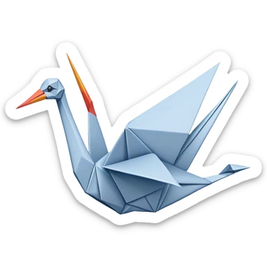 Cinematic Realistic Origami Crane Emoji, featuring a beautifully folded paper crane with crisp, delicate edges and intricate creases. The elegant structure casts soft shadows under warm, natural lighting, with a subtle texture of fine paper enhancing its serene and symbolic presence. sticker
