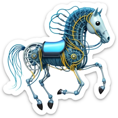 A high-tech horse made of electric wires and cables with rubber scales that reveal its electric skeleton, possessing both jellyfish-like tendrils and the ability to generate electrical pulses that illuminate the ocean depths. sticker