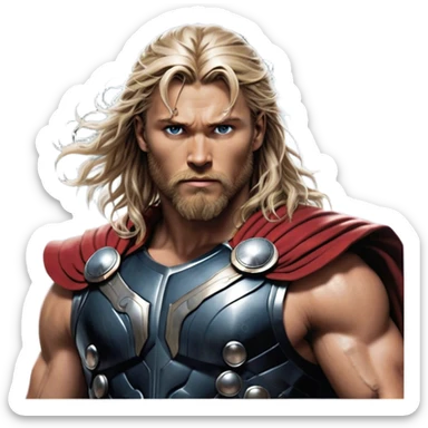 Cinematic Realistic Thor Portrait, depicted with lifelike skin texture and a commanding, muscular build that radiates divine strength. His piercing eyes, framed by rugged, flowing hair and a well-groomed beard, exude both determination and amiable authority. Clad in his signature armor with subtle hints of mystical lightning, the portrait is rendered in dynamic natural lighting with a radiant, heroic glow. sticker
