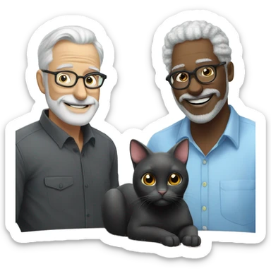 A black cat with a mouse in his mouth next to the cat a man smiling softly with grey hair no beard rectangular glasses in a sky blue shirt  sticker