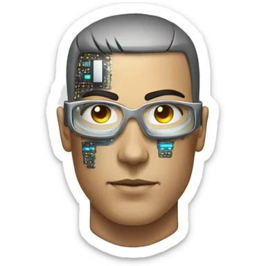 Male cyborg head with metallic skin, flat top, rectangular glasses and circuits sticker