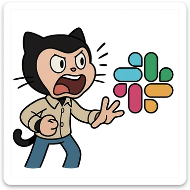 Github Octocat yelling at the Slack logo, cartoon style, energetic and humorous, playful and expressive, fun tech sticker, dynamic and lively, exaggerated expression, tech mascot crossover sticker