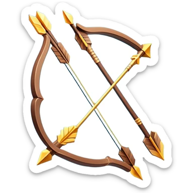 Clash of Clans aesthetic: Cinematic Playful 3D Isometric Bow & Arrows Emoji, rendered in a 3D vector-style similar to standard emojis with minimal shading and bold, simplified shapes. A compact, distinct form with signature details, softly glowing with a fantasy RPG magic charm. Simplified yet unmistakably iconic, highly detailed and consistent, glowing with a soft radiance and high shine. Stylized with a touch of heroic grandeur and a soft glowing outline, capturing the essence of a beloved gaming relic with a friendly, playful manner! sticker