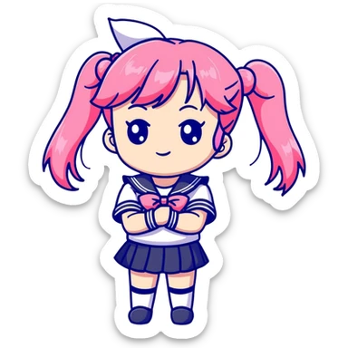 Adorable anime schoolgirl with pink twin tails and big eyes wearing sailor uniform, cute chibi style sticker