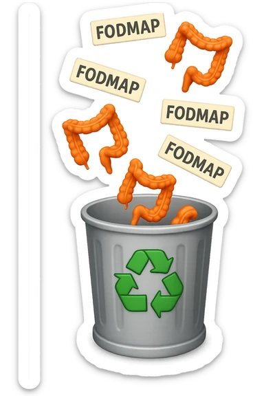 cinque scritte piccole "FODMAP" e piccoli pezzi di colon cadono in un secchio della spazzura con simbolo "recycle" sopra, stile emoji iphone, iperrealistico 4k sticker