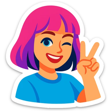 female character inspired by Russian singer Dora, smiling, winking with one eye, making a V sign with fingers, Telegram sticker style, no outline, vibrant and expressive sticker