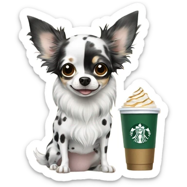 Black spotted Merle long hair chihuahua drinking Starbucks  sticker