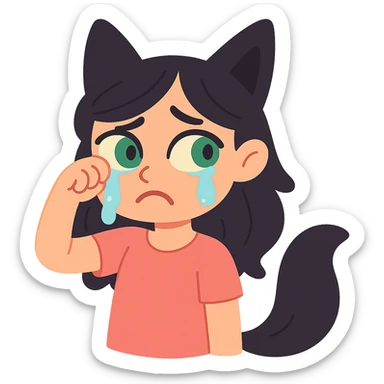 A girl with tears, black fox ears, and a tail, green eyes, dark hair sticker