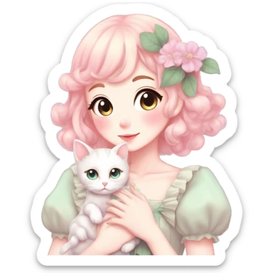 Gorgeous pastel anime style lady with blushing face and holding a kitten cottagecore fairycore pastelcore colorful pearly romantic simplistic aesthetic trending style sticker