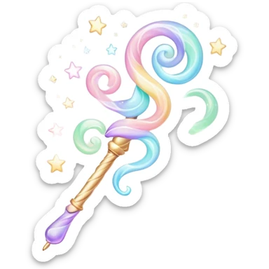 Cinematic cute magical wand, pastel swirls of color, tiny twinkling stars floating around, glowing softly, chubby rounded edges, whimsical and dreamy. sticker