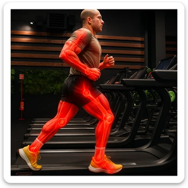 Realistic style image of a man running on a treadmill showing clear signs of muscle and joint overload: inflamed and reddened muscles and joints highlighted in red, inspired by the photo provided. sticker