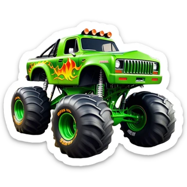 Grave Digger - Monster Jam (Model Year: 2022) (Iconic colour: Green with flames) - A legendary monster truck with a fearsome design: predominantly deep green with dynamic, vibrant flame graphics in bright orange and yellow. Highlight its rough, edgy bodywork and an aura of untamed rebellion. sticker