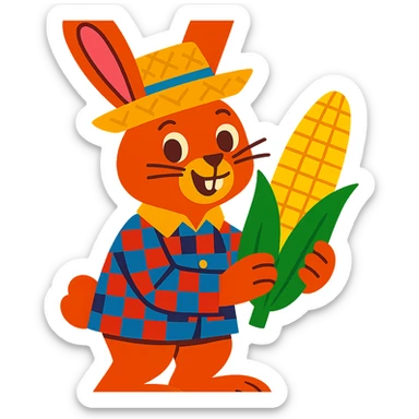 rabbit wearing checkered shirt and straw hat, holding corn, festa junina style sticker
