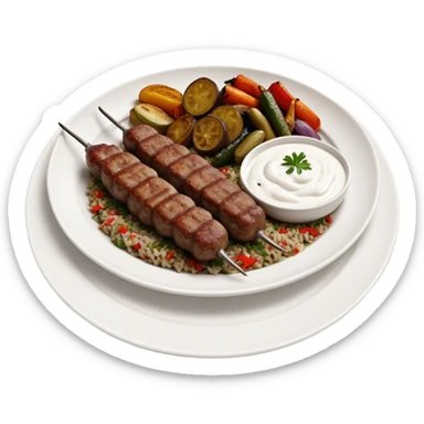 Cinematic Realistic image of a long, hand shaped Turkish Köfte, rendered with richly spiced meat textures and subtle grill marks, artfully arranged on a traditional Turkish ceramic plate alongside classic sides such as a serving of aromatic pilaf, crisp grilled vegetables, and a dollop of creamy yogurt, all bathed in warm, appetizing lighting that emphasizes its savory allure. sticker
