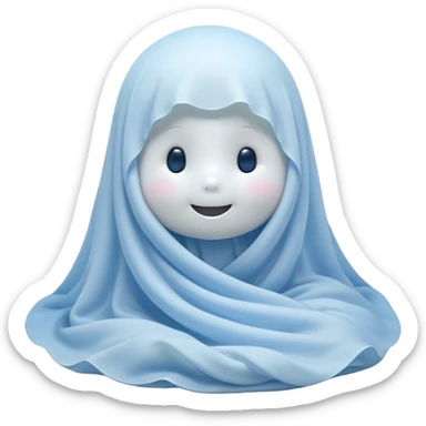 An adorable, peacefully floating sheet-like ghost in gentle pastel whites and blues, its soft, rounded form loosely draped, head resting with closed, serene sparkling eyes and a tiny, contented smile, simplified yet irresistibly charming, highly detailed, with a soft glowing outline that captures the essence of a sleepy, endearing spirit wrapped in cozy slumber! sticker