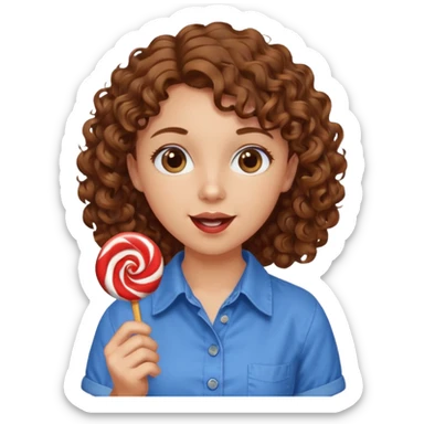 girl with brown curly hair in a blue button-up shirt loving candy excited sticker