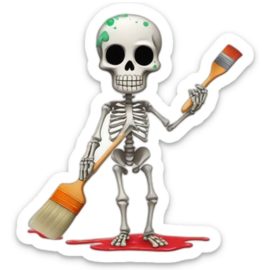 Skeleton wearing an apron with paint splatters holding a paint brush  sticker