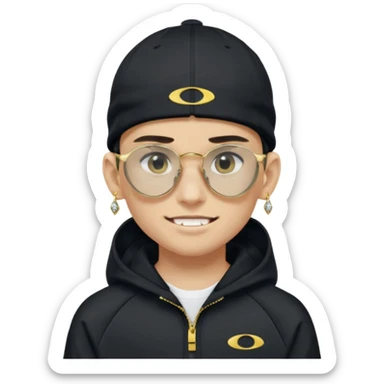 un emoji de un chico emcapuchado blanco, con gorro kalenji, dientes de oro, com uma chaqueta negra nike tech y unas gafas de oakley, con pendientes de diamante, que las gafas sean estilo cuadradas, los pendientes q no se cuelguen, que sean redondos, en las dos cejas un corte sticker