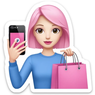 white skin influencer taking selfie with a pink shopping bag sticker