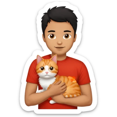 Brown guy with black hair in red t-shit with orange cat sticker