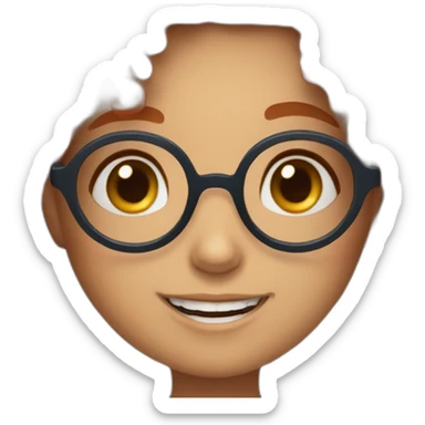 a cute girl with curly red hair and blue glasses with a big smile sticker