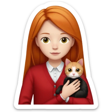 Ginger long straight hair with a red cardigan holding a black cat with a white shirt under the red cardigan sticker