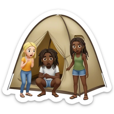 dark skinned black man with dreads standing outside of a tent, scaring two white girls who are sitting inside of the tent sticker