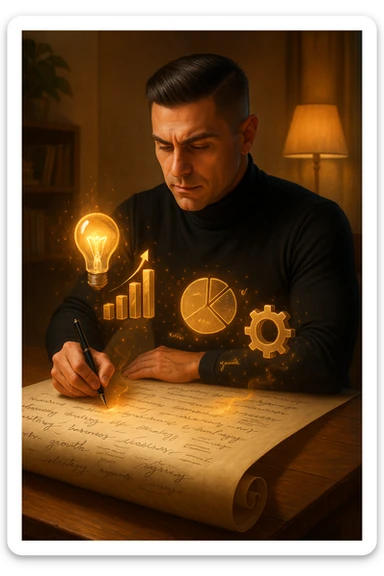 Un uomo concentrato, seduto alla sua scrivania in una stanza con luce calda, sta scrivendo su un enorme foglio di carta che si espande magicamente davanti a lui. Mentre scrive, le parole si trasformano in elementi visivi tridimensionali che rappresentano le soluzioni ai suoi problemi in italiano sticker