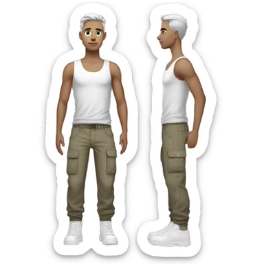 hair straight, white face colour, slender face, silver eyes, crop top with cargo pants and accessories, full body, men sticker