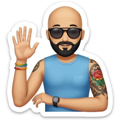  Bald man with sunglasses black beard saying hi with only one colorful tattoo on forearm  sticker