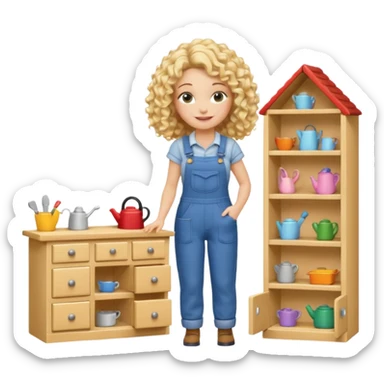 smiling blonde curly woman arranging furniture in doll house with overalls sticker