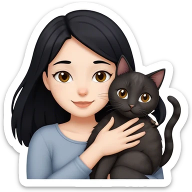 happy girl with black hair hugging three cats  (black cat, gray cat, brown calico cat) sticker