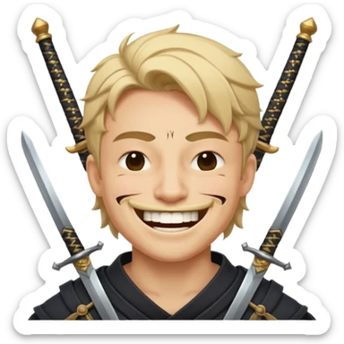 Haz que tenga una sonrisa epica una cicatriz en el ojo serrado y una espada entre los dientes y dos más a cada lado sticker