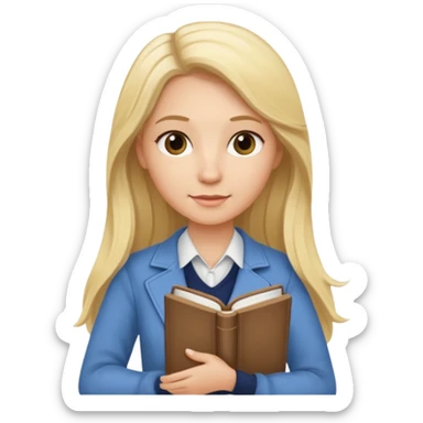 fun blonde history teacher, long blonde hair, casual outfit, holding a book sticker