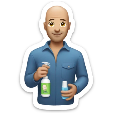 Bald man holding a shampoo sticker