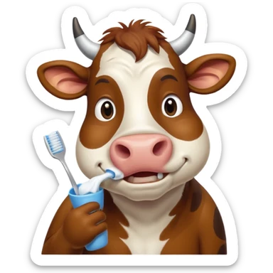 A cow brushing its teeth, looking sleepy and drowsy, portrait, bust up sticker