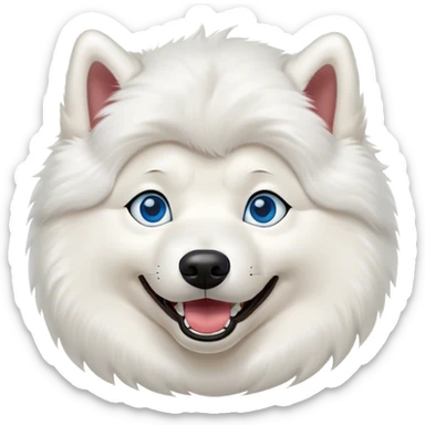 Cinematic Comical Samoyed Portrait Emoji, Head tilted dramatically with an exaggeratedly amused expression, featuring a striking, fluffy white Fur with a radiant sheen, wide, expressive blue eyes filled with playful disbelief, Simplified yet hilariously expressive features, highly detailed, glowing with a slightly sassy glow, high shine, dramatic yet playful, stylized with an air of cheeky mischief, bright and endearing, soft glowing outline, capturing the essence of a spirited and over-the-top companion, so meme-worthy it feels like it could side-eye its way into internet fame instantly! sticker