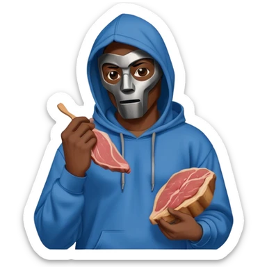 MF DOOM in a blue hoodie holding a piece of meat sticker