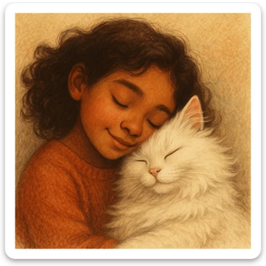 brown girl snuggling fluffy white cat, style 2 sticker
