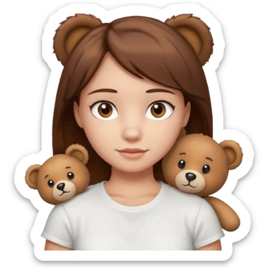 A Girl with Brown hair and Brown eyes with a t-shirt of a Teddy bear sticker