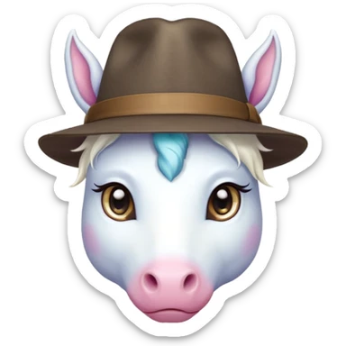 unicorn face cute wearing fedora, horn piercing through the hat looking in the camer sticker