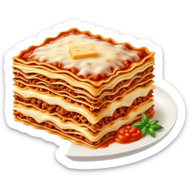 Cinematic Realistic Lasagne alla Bolognese Dish Emoji, depicted with layered pasta, rich meat sauce, and melted cheese rendered with exquisite detail and hearty, warm lighting. sticker