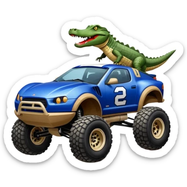 Dirty Joke’s Midnight-blue Local Motors Rally Fighter off road race car being driven by a five foot tall alligator over a dirt ramp  sticker