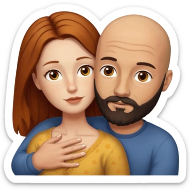 Couple. Bald man with dark brown-black beard. White woman with many small, faded freckles, she has white skin and she has auburn-yellow-brown-cinnamon, dark long hair. She has light brown eyes. The man have hazel eyes. Retro style. They hug. sticker
