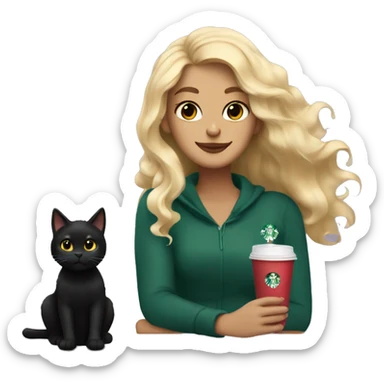 A black cat and a blonde wavy hair girl sitting drinking starbucks sticker
