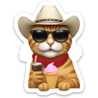 cat eating ice cream while wearing sunglasses with a cowboy hat sticker