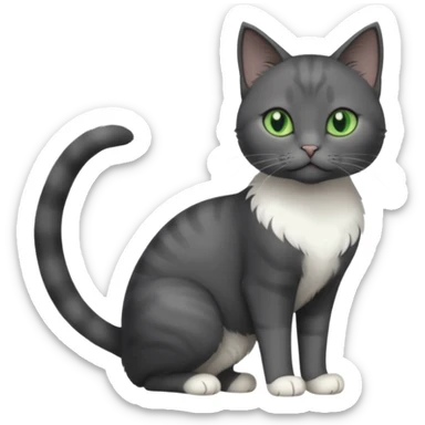 full body view of beautiful female solid dark grey cat with green eyes, white toes/paws and white patch on her chest sticker