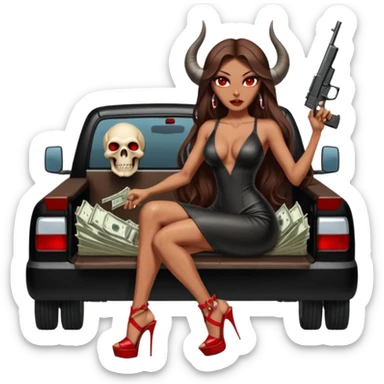 Lilith symbol red eye seductress evil long brown haired sexy succubus woman with leather long dress with slit on, sitting in Big Large F350 pickup truck. Platform long high heels on feet. Back seat full of stacks of cash, she is  Holding a man dead human skull of her enemies and a gun in other hand sticker